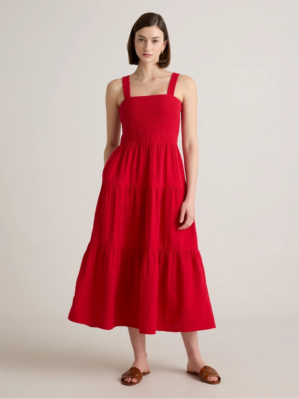 Quince 100% Organic Cotton Gauze Smocked Sleeveless Maxi Dress Wild Cherry Red